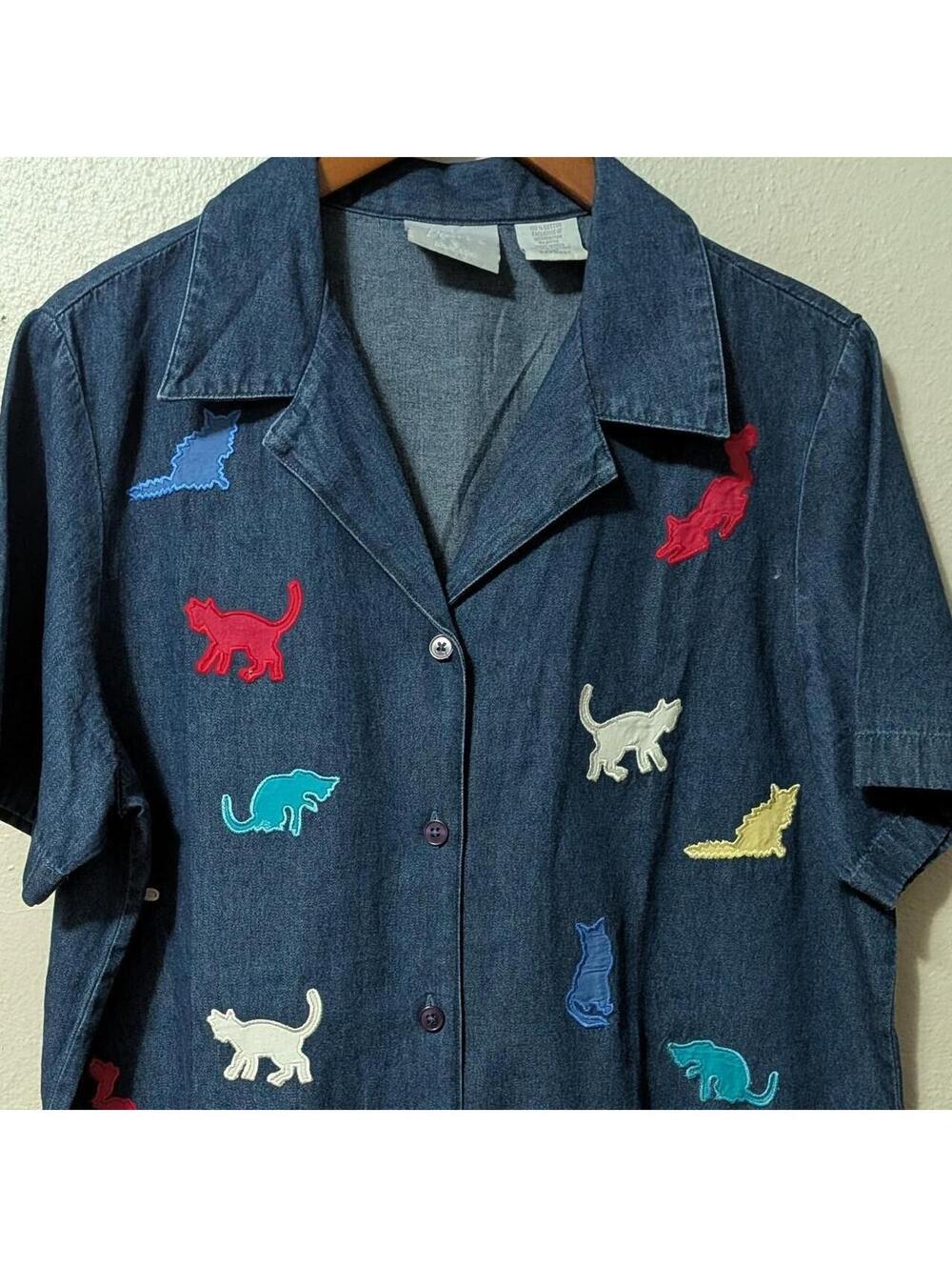 Blair Denim Cat Kitten Appliqué Short Sleeve Shirt Novelty Cottagecore Size L